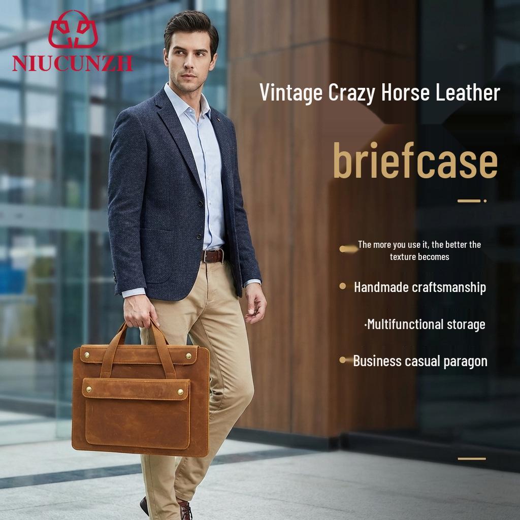 Men's Genuine Leather Crossbody Laptop Bag – Top Layer Cowhide Briefcase Handbag