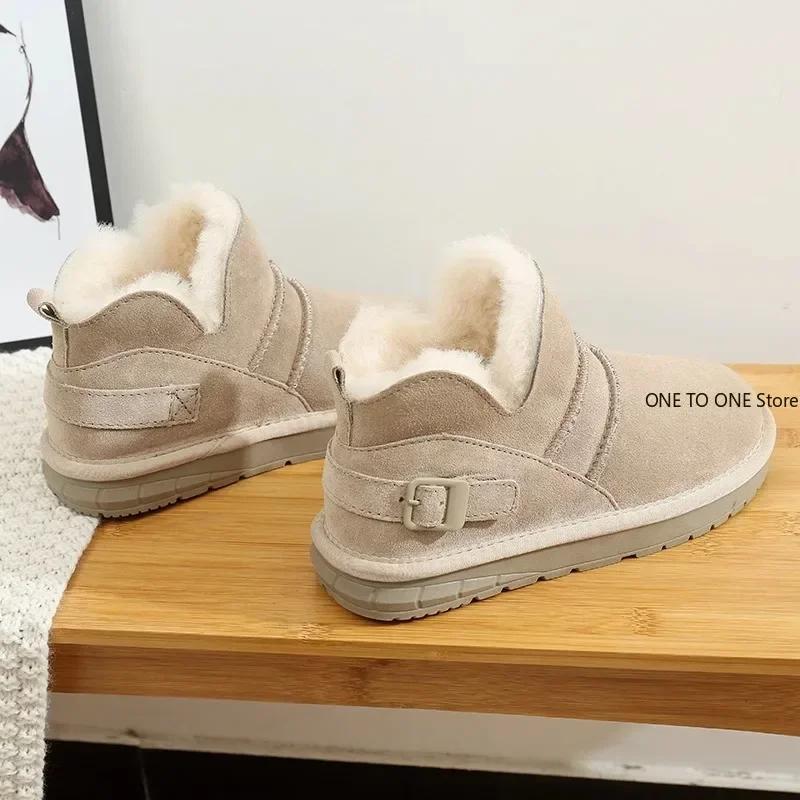 Fashion 2025 Snow Boots Women Cow Suede Furry Solid Color Round Toe Hook & Loop Flat With Winter Lasies Shoes Winter Footwear Plush Med