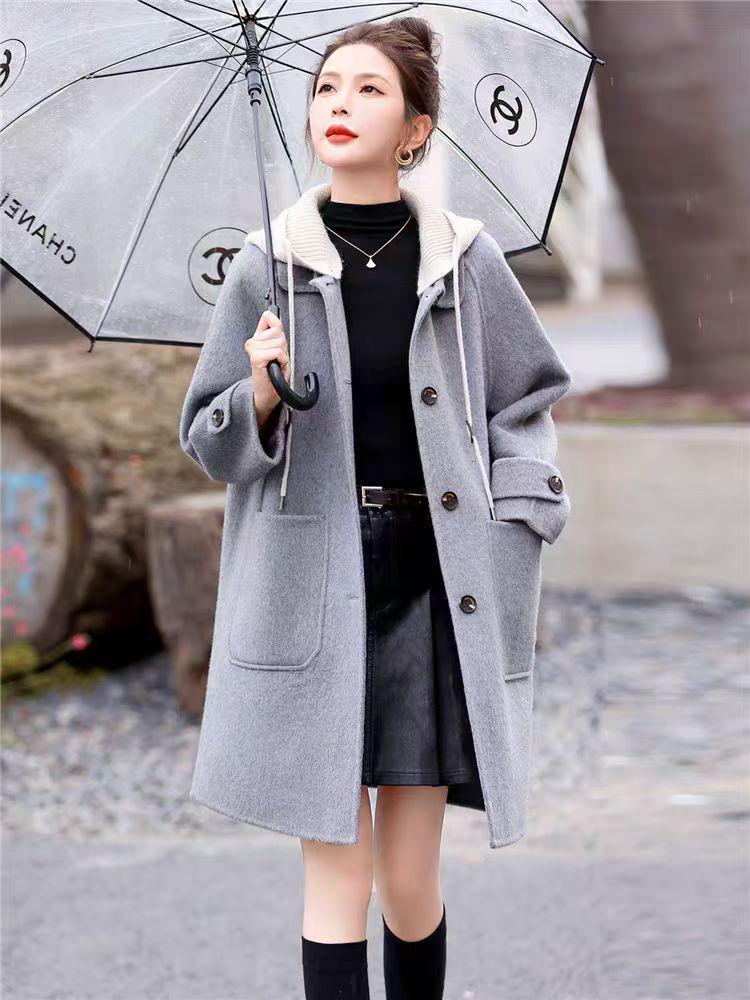 Women's Hooded Double-Faced Cashmere Coat - Slim College Style, Mid-Length, Versatile Wool for Autumn/Winter.