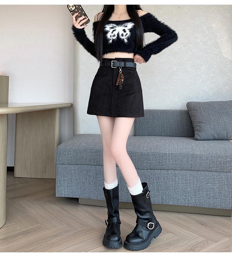 High-Waist Brown Suede Plush Pencil Skirt for Plus-Size Women - Versatile A-Line, Slimming, Short Skirt for Spring & Autumn