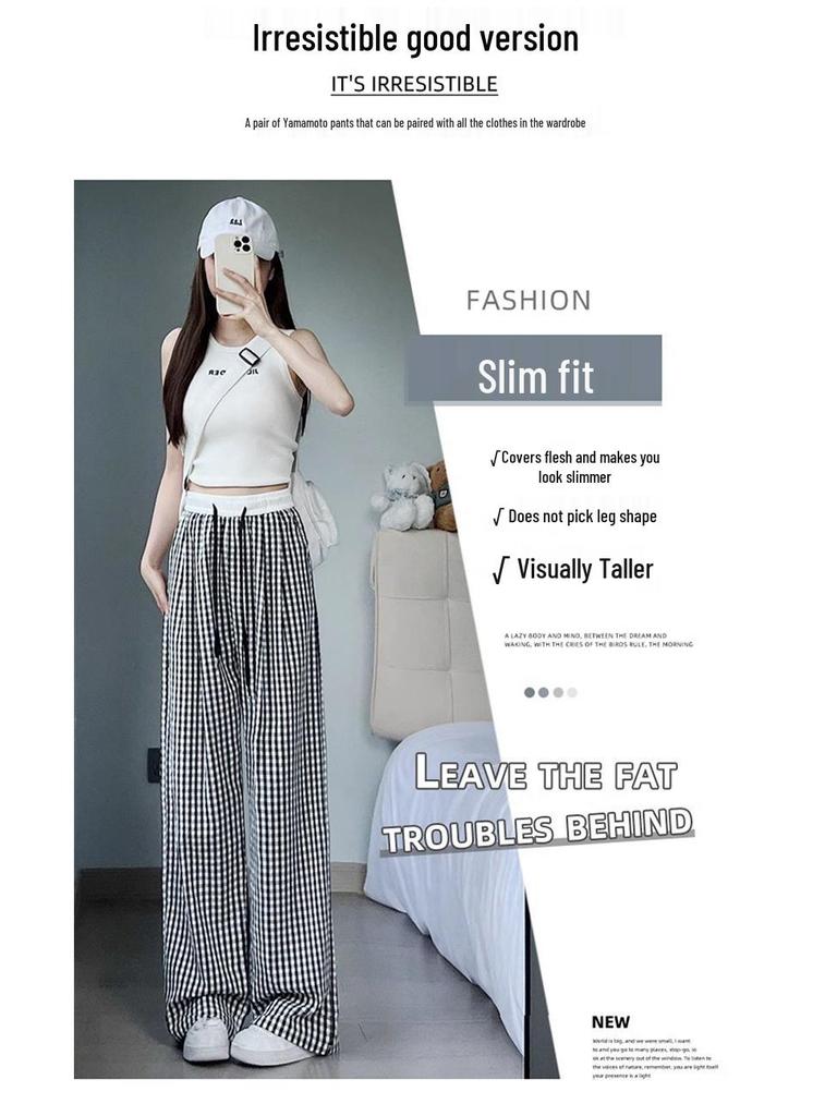 Petite Pink Plaid High Waist Wide Leg Summer Trousers for Women