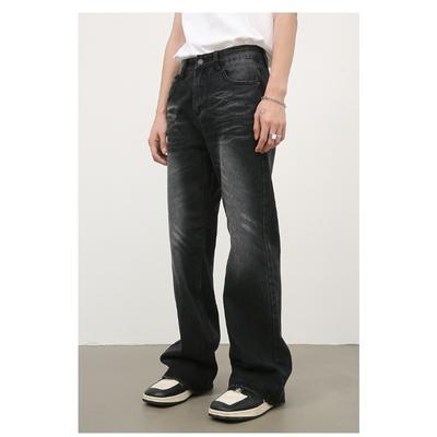 Retro Black and Gray Loose Straight Jeans Men's Washed Cat Whiskers Micro Flare Pants Straight Loose Jeans for Men Fashionable and Comfortable Pants
