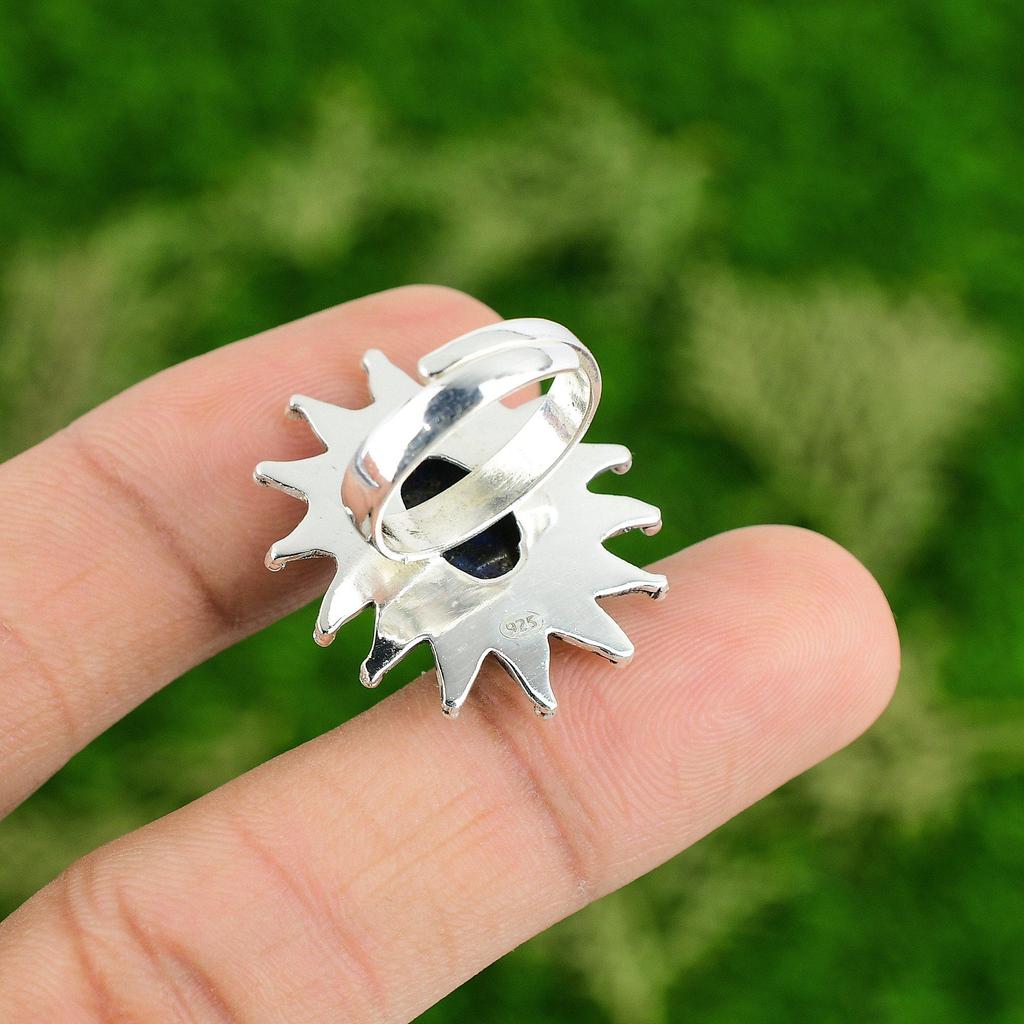 Natural Lapis Lazuli Gemstone Stackable Flower Blue Adjustable Ring 925 Silver