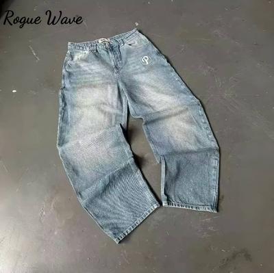 RogueWave Streetwear Jeans Y2K Mens Pants Harajuku Hip Hop Letter Embroidery Vintage Blue Baggy Jeans High Waist Wide Leg Trouser