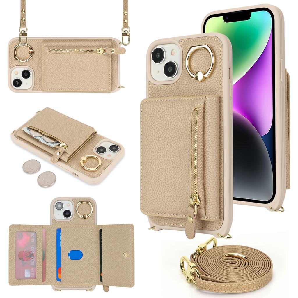 For iPhone 14/13 Case Litchi Texture Card Bag Leather+TPU Crossbody Phone Cover with Ring Kickstand