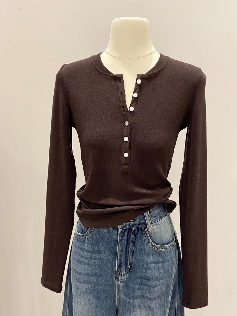 Women's Slim Fit Long Sleeve Henley Collar Mousse Cashmere Top for Spring/Autumn