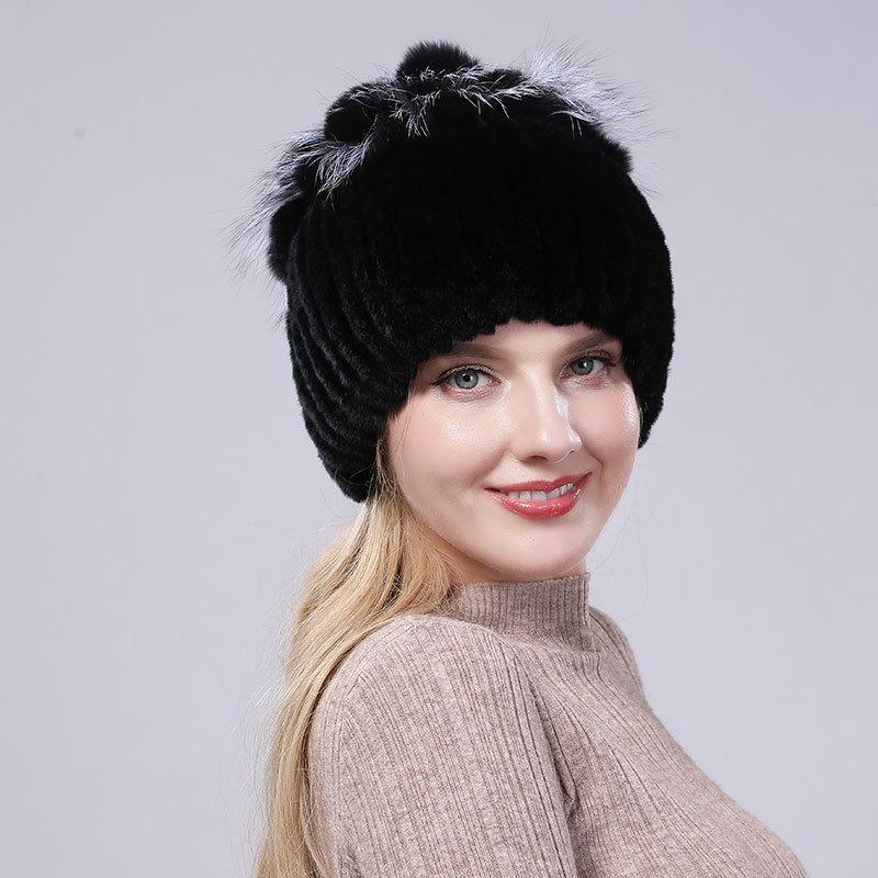 New Rex Rabbit Hair Hat Women's Winter Thickened Warm Fashion Versatile Elastic Fur Woven Hand-sewn Knitted Hat