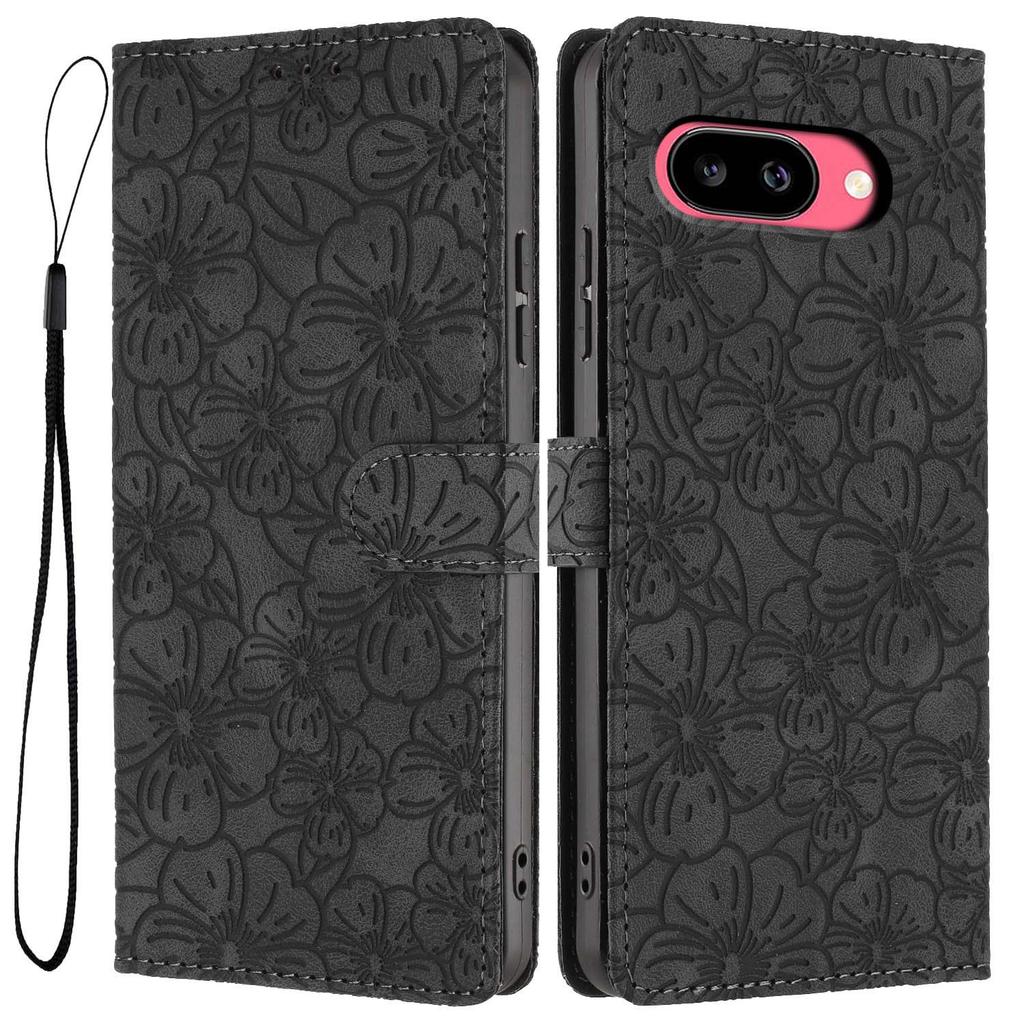 For Google Pixel 9a Flip Case Cherry Blossom Pattern Leather Wallet Stand Phone Cover with Wrist Strap