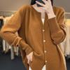 Women's 100% Wool Round Neck Cardigan - Slimming Knit Jacket, Spring Cashmere Sweater, Versatile Outerwear