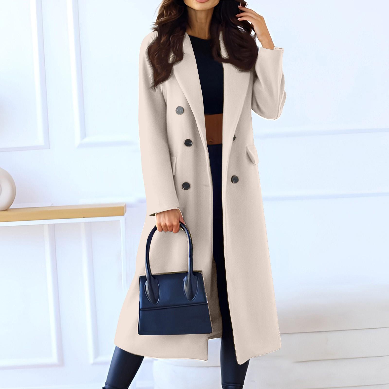 

Женское однотонное шерстяное пальто с длинными рукавами и лацканами M бежевый