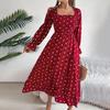 Autumn Winter Women Lace Up High Waist Long Sleeve Pleated Dress Solid Dot Temperament