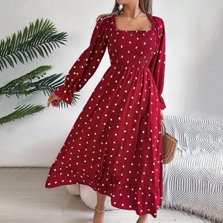 Autumn Winter Women Lace Up High Waist Long Sleeve Pleated Dress Solid Dot Temperament