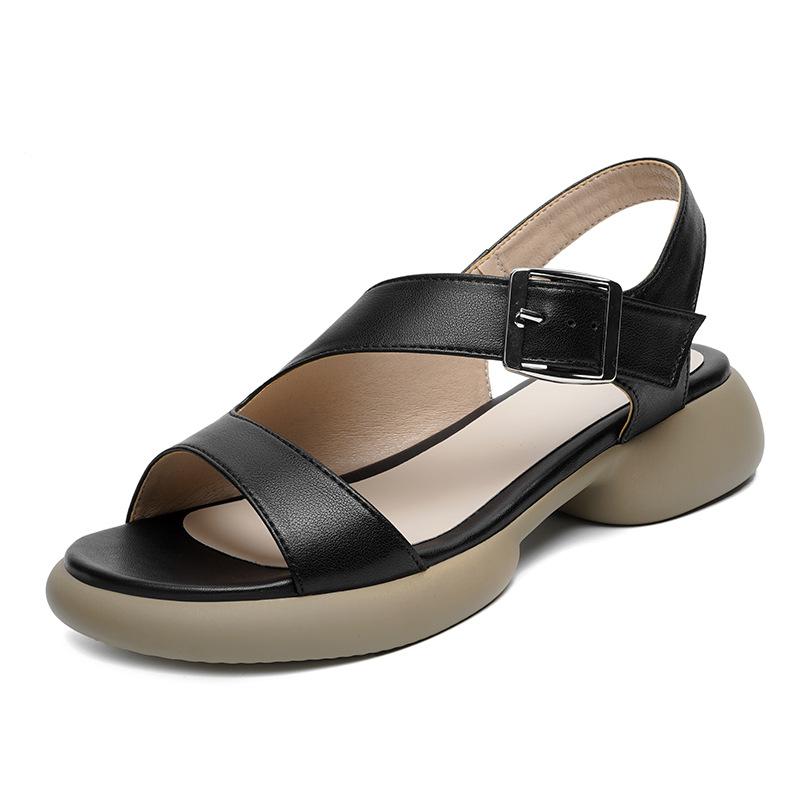 

4cm Big Size 35-42 All Match Comfortable Genuine Leather Shoes Flat Platform Sandals 2025 Summer Women s Ankle Sandals Beach Mom 42 чорний