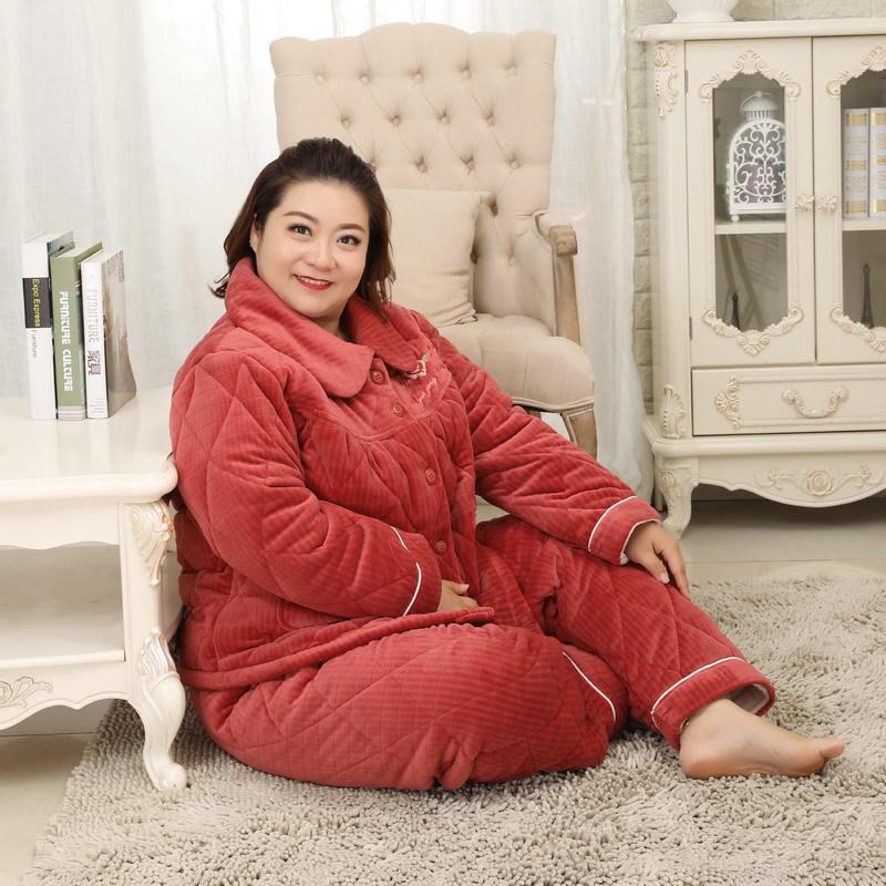 Mei Ji Yun Women's Plus Size Quilted Flannel Pajama Set - Cozy Three-Layer Design for Home Wear