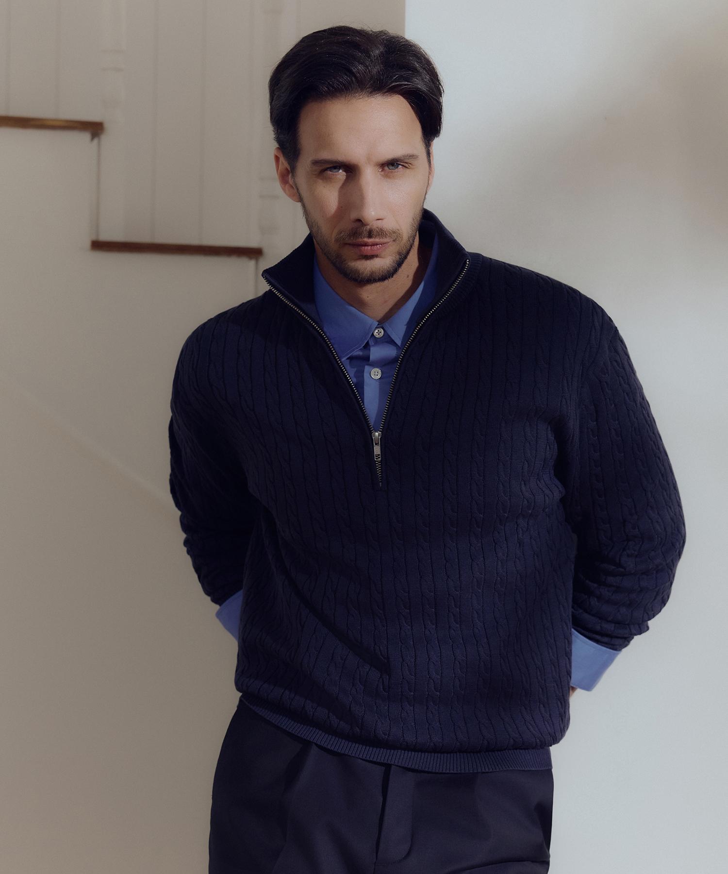 The Knit Company (M) Mercerized Cotton Cable Half-Zip Knit 4 Colors Navy/L