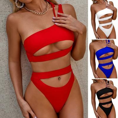 2Stk/Set Damen Sexy Bikini Set Ein Schulter Aushöhlen Sling BH Hohe Taille