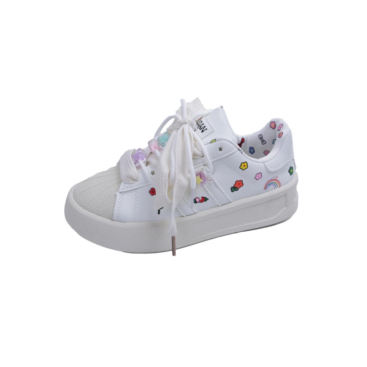 

Color matching little white shoes spring small flowers new versatile little white shoes niche casual fashion thick soles heightening shoes cute 35 белый