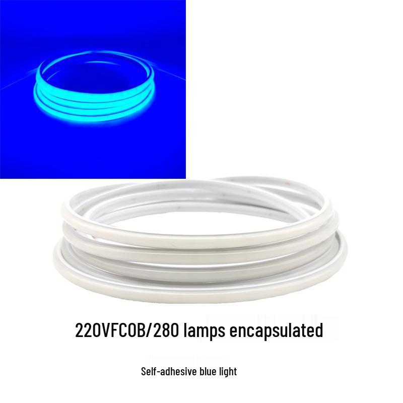 220V FCOB LED Strip with Uniform High Brightness, No Visible Beads, 10cm Cuttable, Self-Adhesive Backing