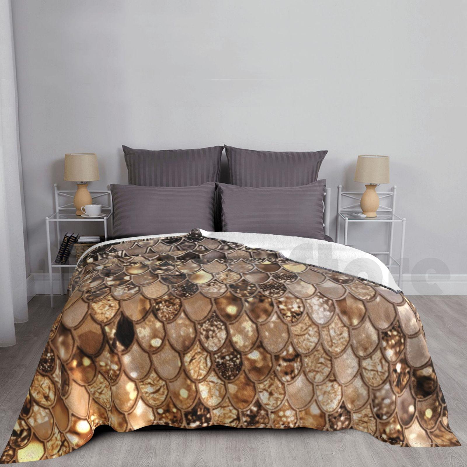 Dark Gold And Bronze Mermaid Scales Blanket For Sofa Bed Travel Abstract Animal Blink Fish Fish Scale Fish Size: 75*100cm, Weight: 230 GSM