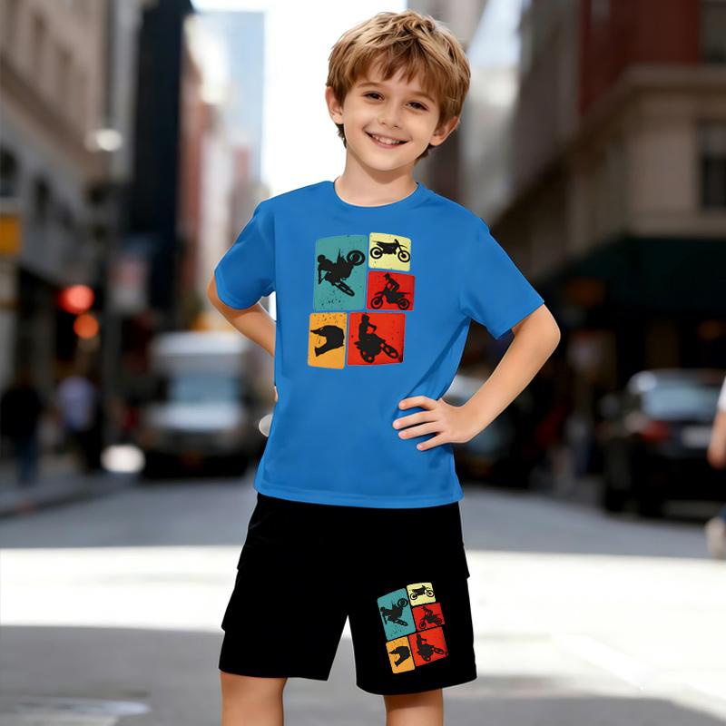 Boys 2 Piece Extreme Off-road Pattern Print Outfit, Short Sleeve T-Shirt and Shorts Set for Kids Age 5-14,Black and White Sporty Casual Summer Clothes