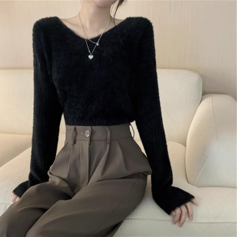 Women's Slim Fit V-Neck Knitted Sweater - Soft Imitation Mink, Perfect for Spring, Autumn, and Winter.