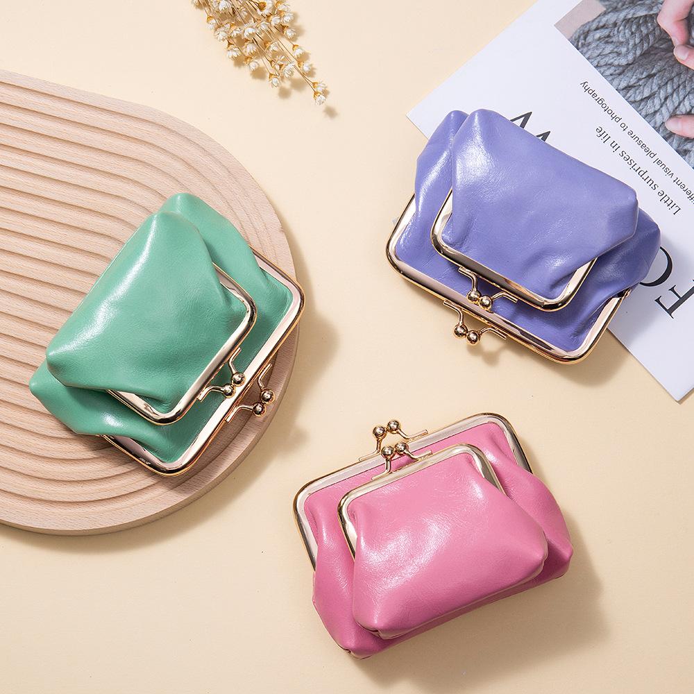Nová retro kreativní taštička na drobné s dvojitým klipem, mini kompaktní taštička na mince z olejové voskované kůže, dámská zlatá taštička