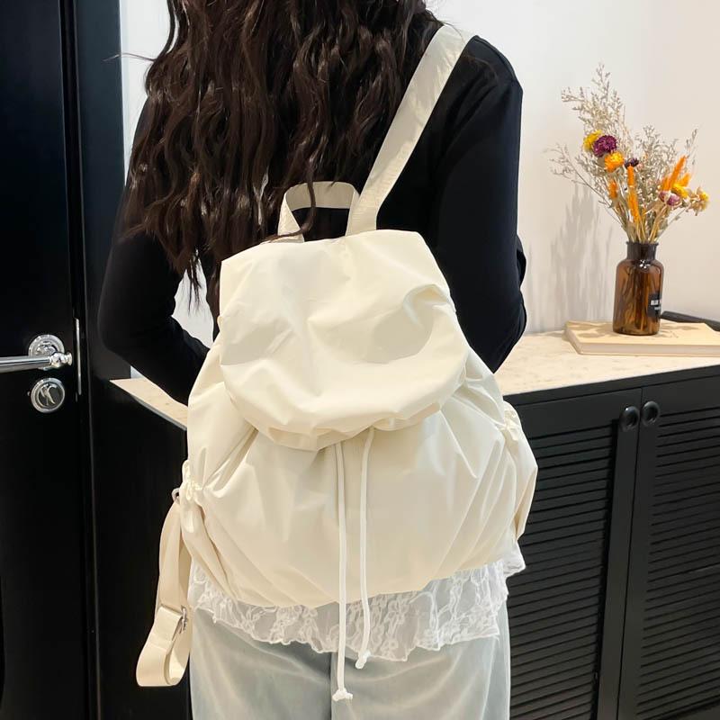 Schoolbag Korean Version Niche Solid Color Pleated Travel Backpack Women 1011 New College Students Class Schoolbag Commuter Small Backpack
