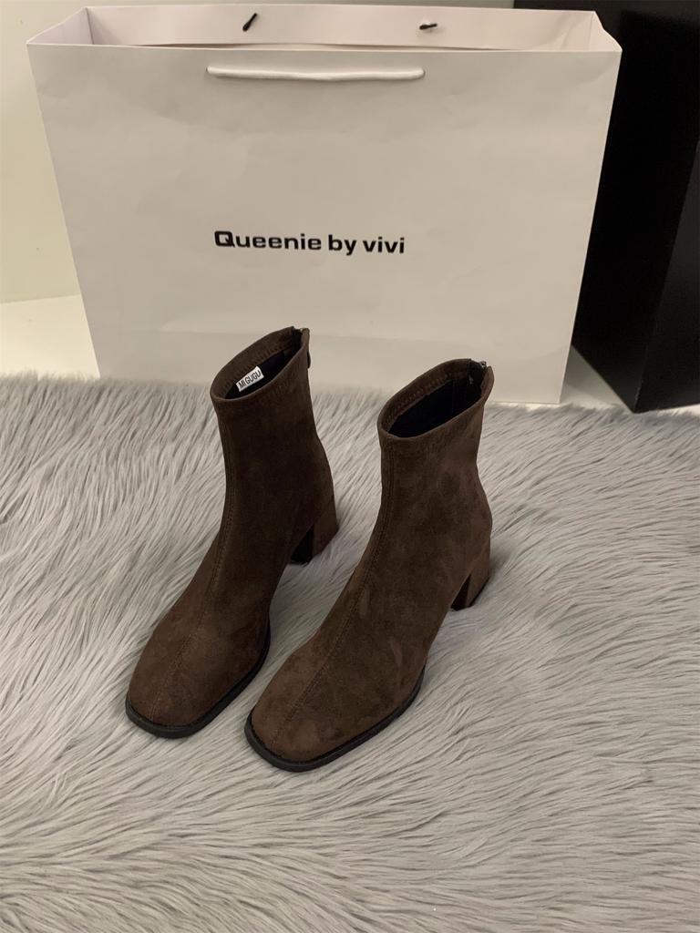 High Heel Square Head Skinny Short Boots Women's Shoes Korean Version Versatile 2025 Autumn and Winter Korean Small Ankle Boots Martin Boots