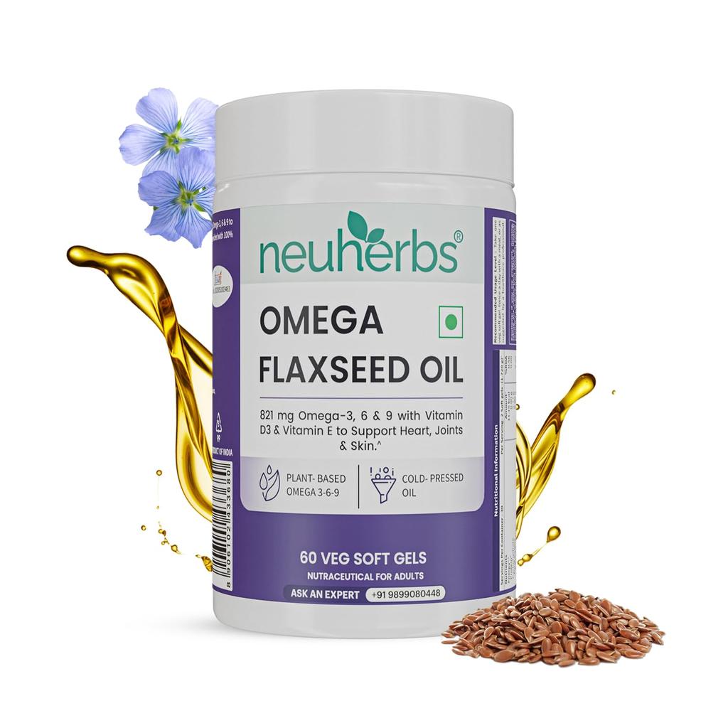 Neuherbs Flaxseed Oil Omega 3 6 9 Capsules 1000mg For Men & Women | Cold Pressed Flaxseed Oil Veg Omega-3 Supplement With Vitamin D3 & E | Suppor