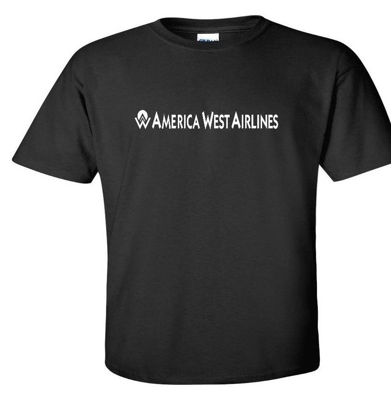 America West Airlines White Logo US Aviation Black Cotton T-Shirt S