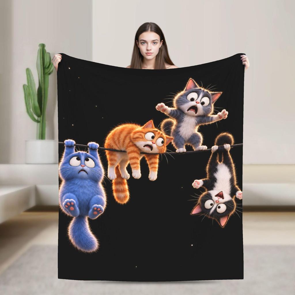 Funny Hanging Cats Flannel Throw Blanket, Personalized Cat Mom Gift (300g Soft)