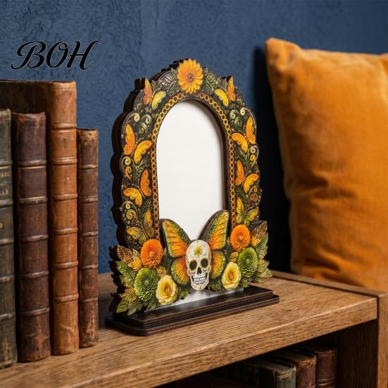 Unique Festival Gift Ideas Dia De Los Muertos Wooden Photo Frame Tabletop Decor, Day of The Dead Sugar Skull Ornaments Memorial Picture Holder