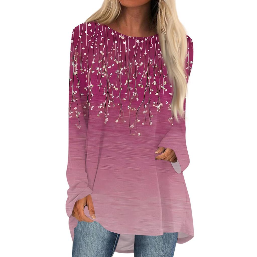 Women's Fashion Casual Long Sleeve Print Round Neck Pullover Top Blouse