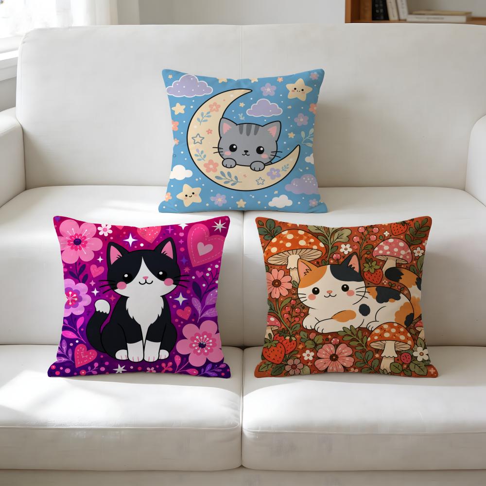 Cute Cartoon Cat Print Cushion Cover Double-Sided Plush Sofa Cushion Covers Organic Breathable Invisible Zipper