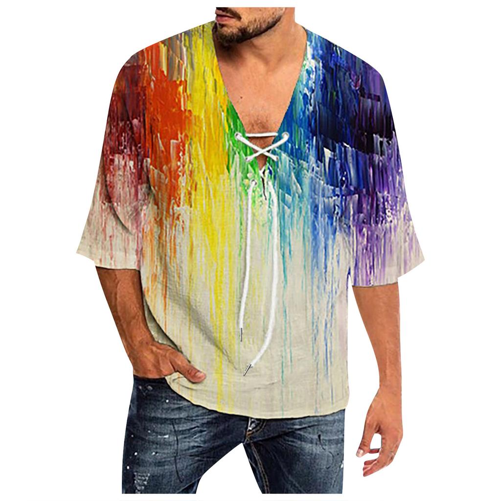 Men's Casual Creative Mid-Sleeve V-Neck Tie Rope Print Fashion Street T-Shirt