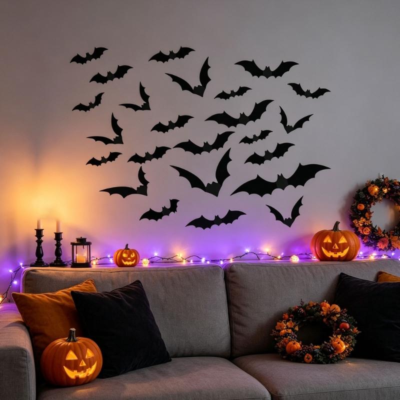 3D Fledermäuse Halloween Dekorationen Realistische Gruselige Fledermaus Aufkleber Wanddekorationen DIY Partyzubehör mit Flexiblem Gefaltetem Flügel für Ladenpräsentationen, Schulen,
