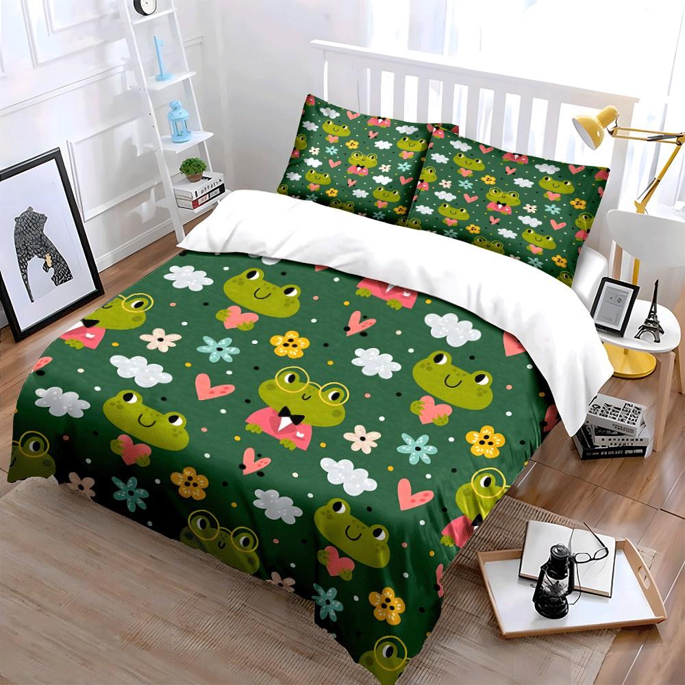 Cute Frog-Themed Pattern Set Exquisite Three-piece Bedding Set Gift for Kids and Adults