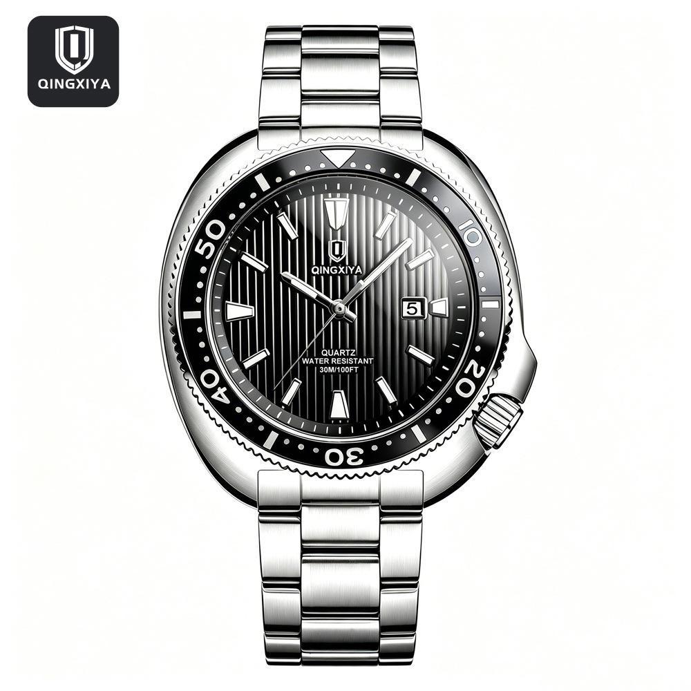 Business Mens Analog Watches Wateproof Diving Watch Luminous Dial Steel Band Daily Calendar Quartz Watch