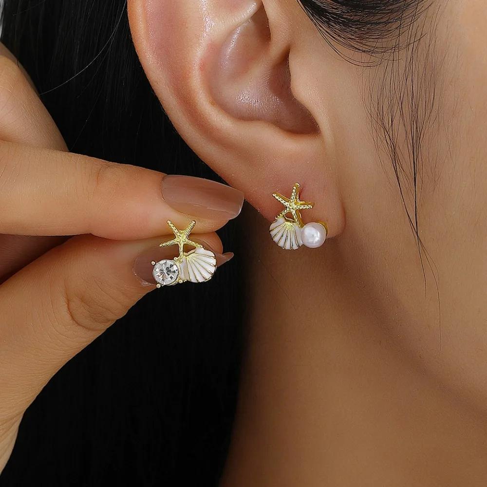 Asymmetric Ocean Style Starfish Shell Stud Earrings Imitation Pearl Zircon Jewelry Gifts for Women
