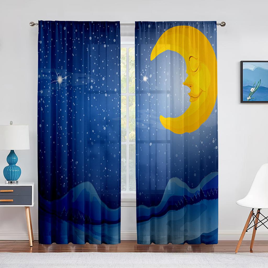 Blue Starry Night with Stars Moon Clouds Tulle Curtains for Living Room Kids Bedroom Chiffon Sheer Voile Kitchen Window Curtain