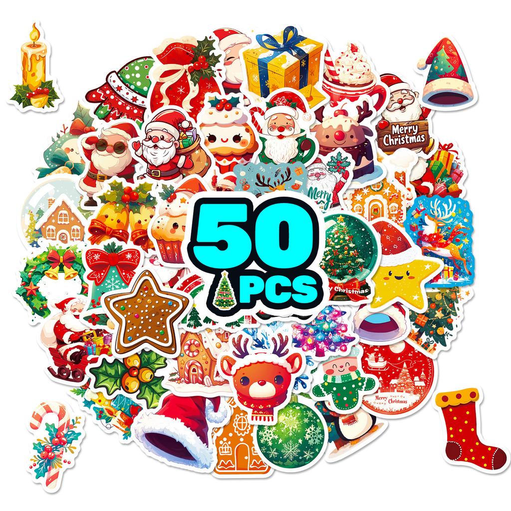 50 Christmas Cartoon Doodle Stickers Christmas Hat Elk DIY Decoration Suitcase Notebook Stickers