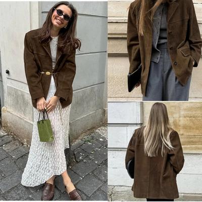 Vintage Suede Jackets Female Casual Loose V Neck Single Breasted Coats Female 2024 Autumn Winter Fashion Solid Outwears Lady