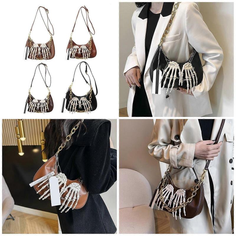 Damska punkowa torba pod pachę ze skóry PU z metalowym łańcuchem, wisiorkiem w kształcie kości szkieletu, torba typu dumpling, torba crossbody na ramię, torebka, jasnobrązowa