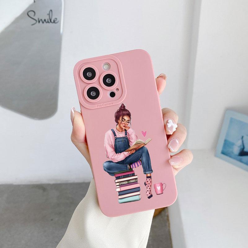 Read Book And Coffee Girl Phone Case Cute Cover for Iphone 7 8 Plus SE 2020 13 14 12 11 Pro Max X XS XR Soft Silicone Back Cover