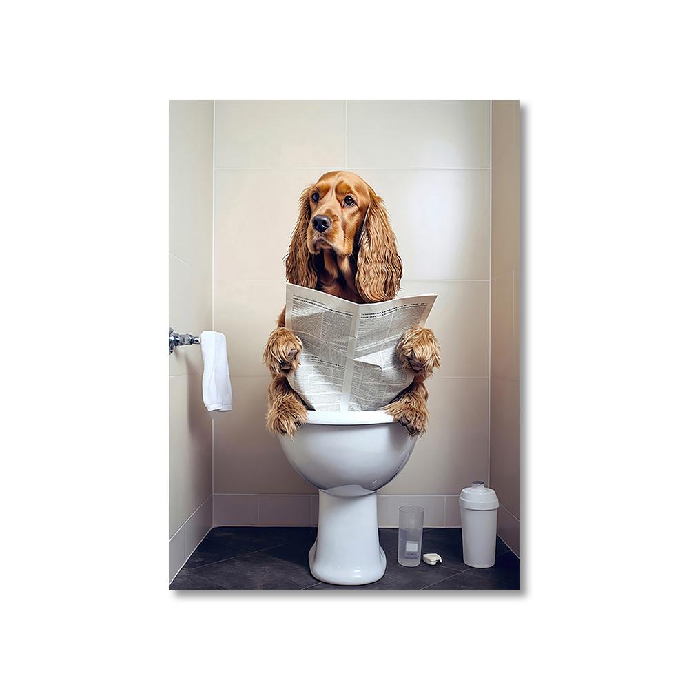 1PC Unframed Funny Pet Dog in Toilet Reading Newspaper Play Canvas Painting Animal Pictures Wall Art for Home Bathroom Decor