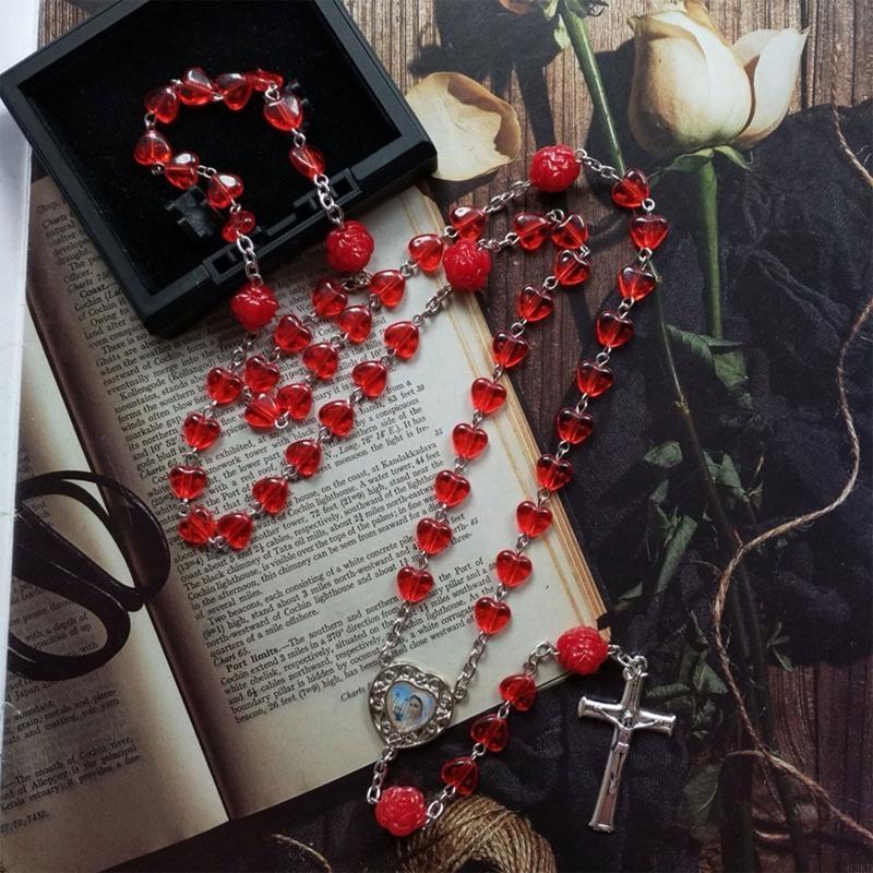 62KD Red Hearts Catholic Rosary Necklace Beads Holy Figure Jesus Hanging Pendant Charm for Women Men Church Decoration Gift