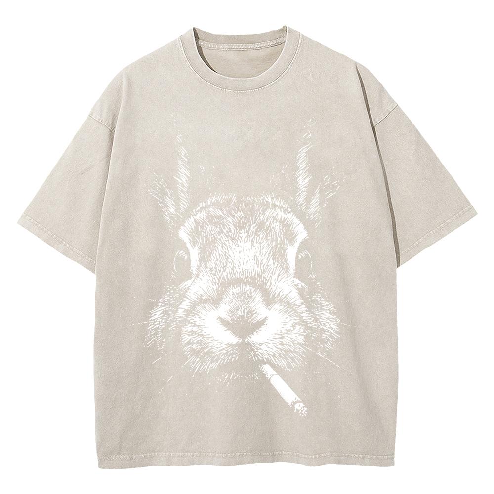 100% Cotton Vintage Washed Y2K Funny Smoking Rabbit Tshirt Fashion Men Retro Cool Bunny Meme Oversize Loose Acid Wash Tee Shirt