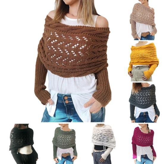 Dámská pletená šála Jednobarevná Měkký nadýchaný materiál Šála s dlouhým rukávem Dutý design Podzimní zimní šála Kabát