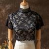 Eleganter Floral Damen Rollkragen Spitzen Pullover Futter Kurzarm Abnehmbarer Kragen Dickey Crop Top