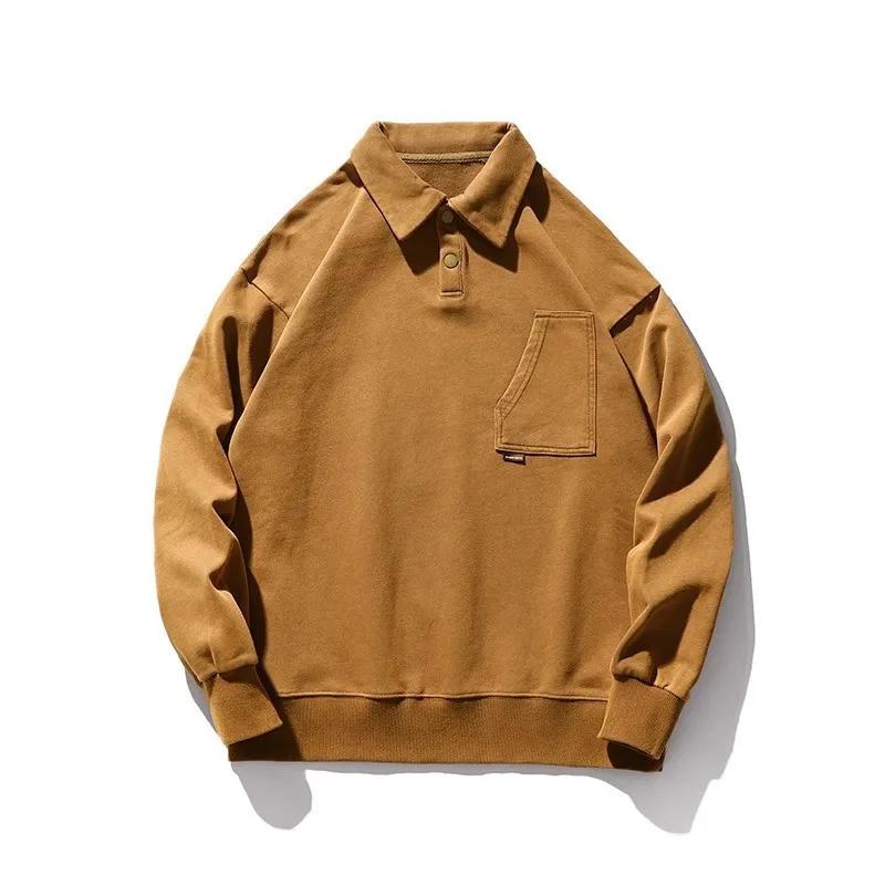 American Retro Trend Loose Autumn Men's Patchwork Polo Collar Button Pocket Fashion Solid Loose Long Sleeved Tops